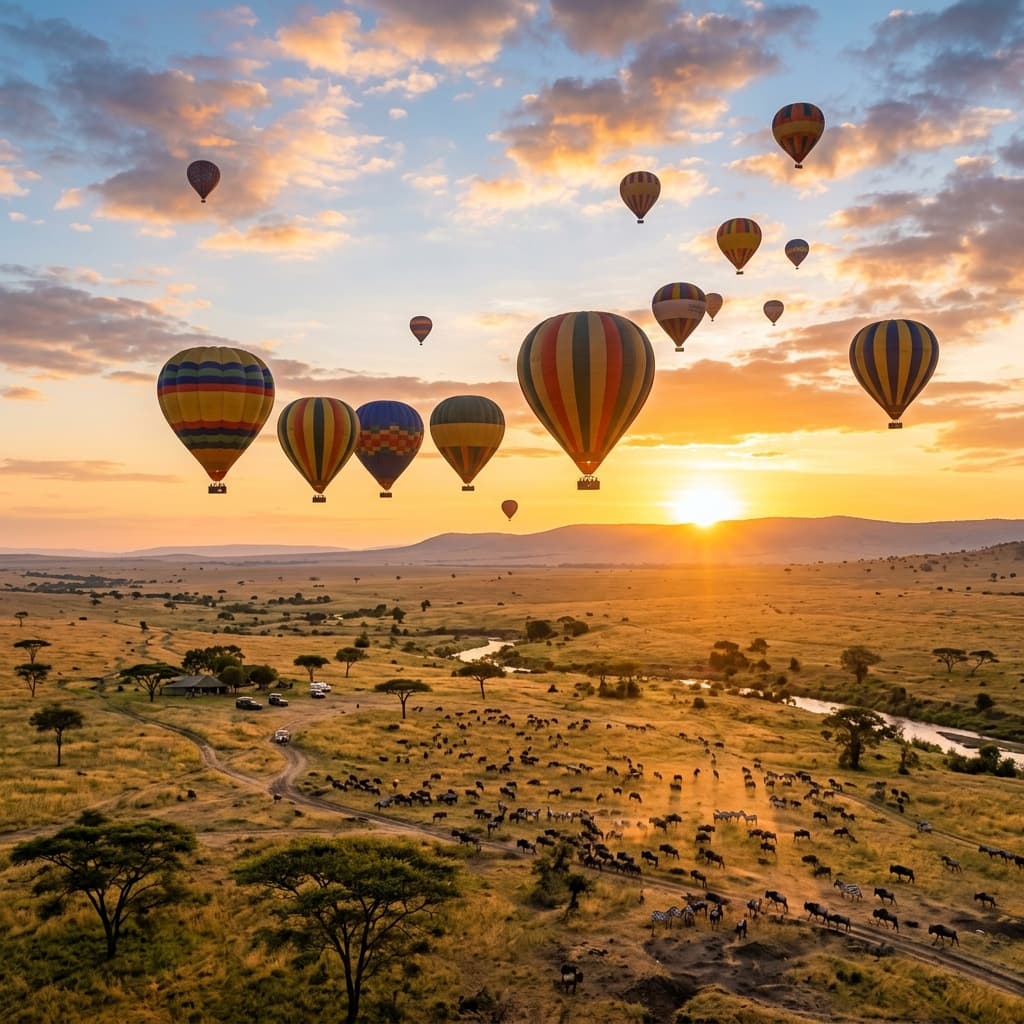 Hot air balloons floating over the Serengeti at sunrise