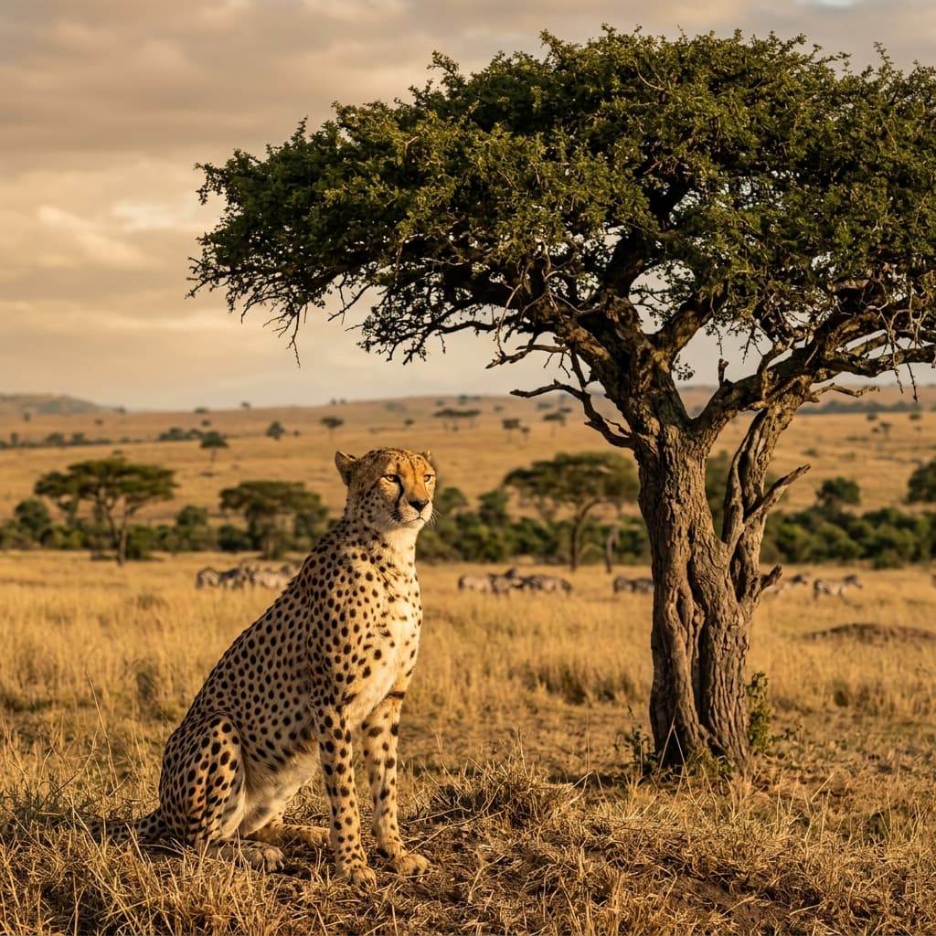Cheetah sitting beside a tree in the savanna