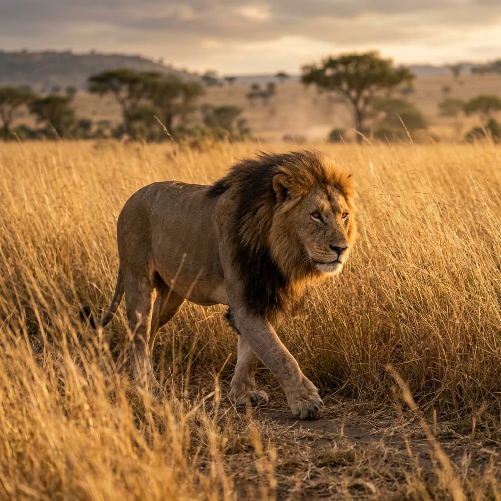Male lion walking through golden grass