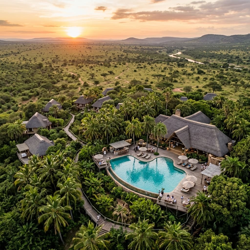 Aerial view of a tropical safari lodge with a pool among palm trees