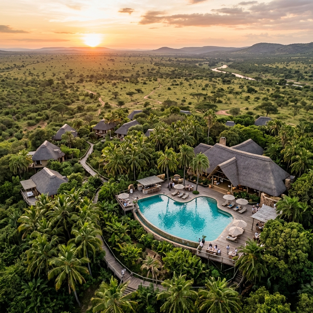 Aerial view of a tropical safari lodge with a pool among palm trees